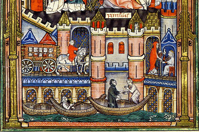 Acceso a París a través del puente, en una iluminación medieval.