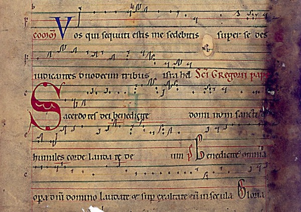 Ejemplo de notación neumática sobre tetragrama (norte de Francia, s.XII)