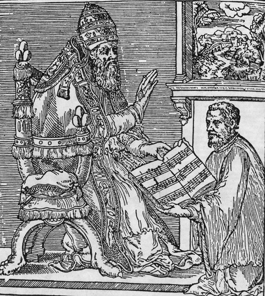 Palestrina ante el papa Julio III en el frontispicio del Missarum Liber Primus (Roma, 1554).