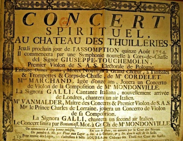 Anuncio de un concert spirituel celebrado en agosto de 1754.