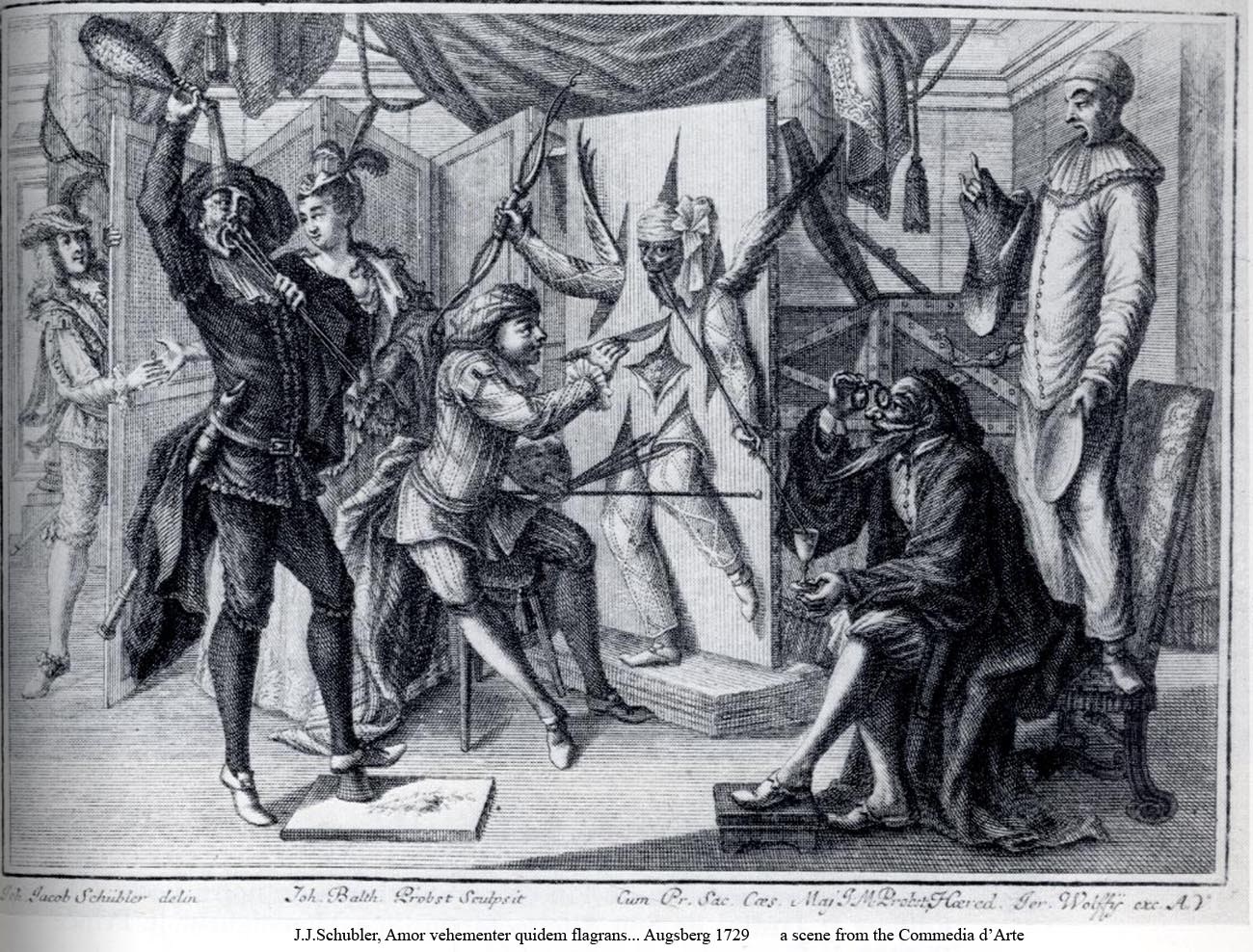 Escena de una representación basada en la commedia dell'arte, en un grabado de 1729.
