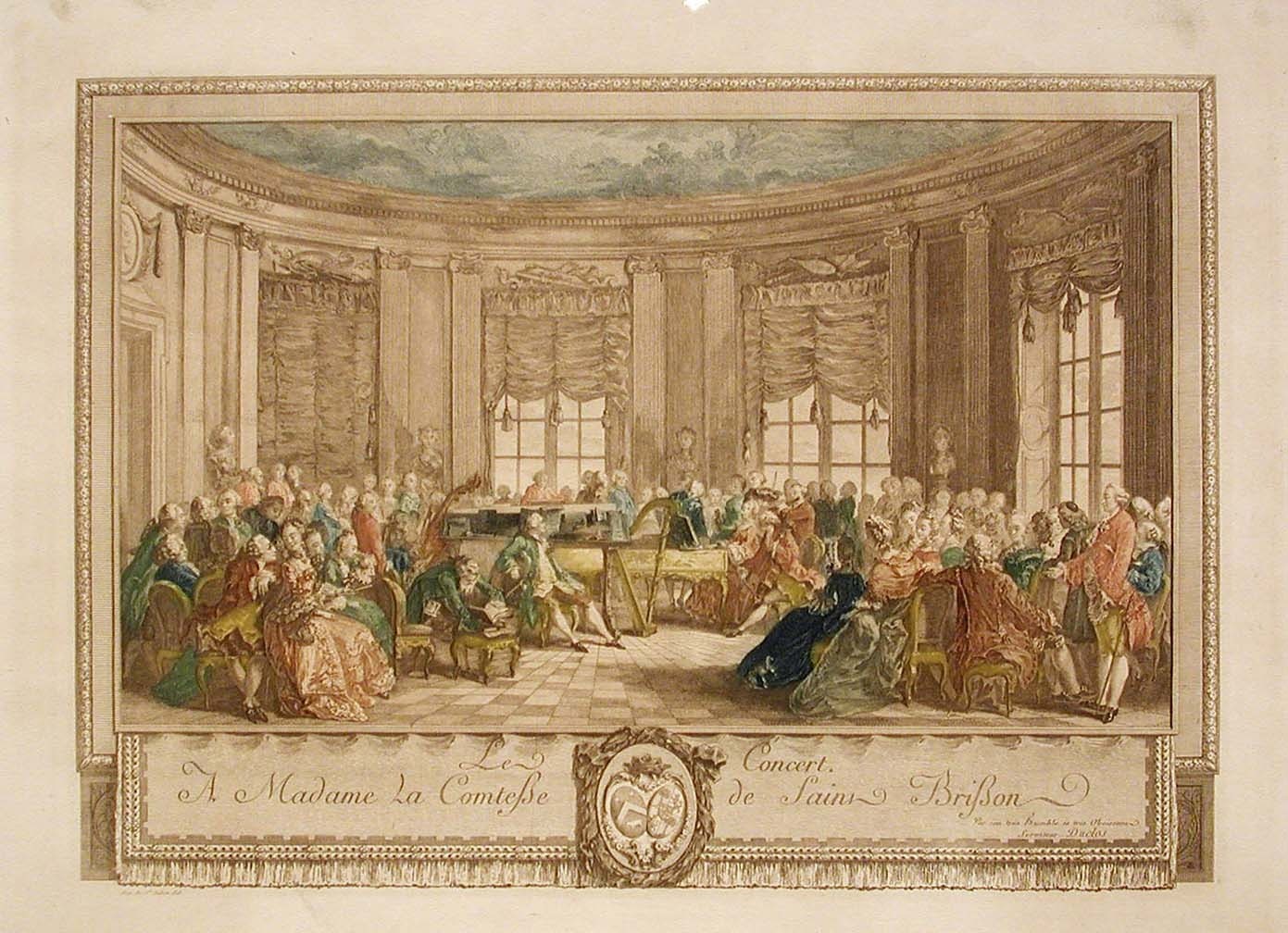 Concierto en la casa de la Condesa de Saint Brison. Grabado de Antoine Jean Duclos.
