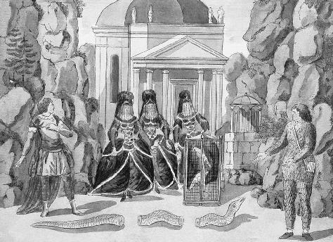 Escena de La flauta mágica, Singspiel de W.A. Mozart en un grabado de Joseph and Peter Schaffer, [1791].