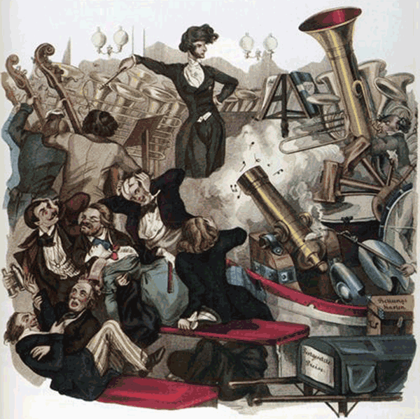 Berlioz dirigiendo [1846] en una caricatura de Louis Reybaud.