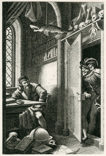 Fausto y Mefistófeles [1828], escena del drama romántico alemán arquetípico de Goethe en un grabado de Carl August Schwerdgeburth.