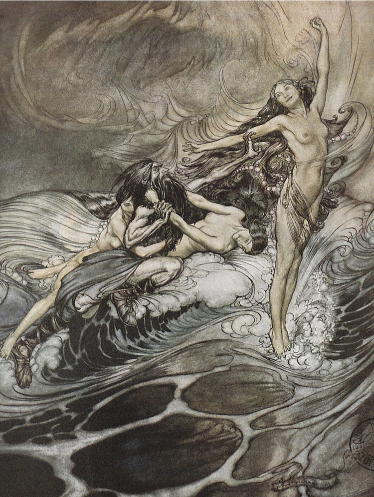 Recreación de la escena final de El anillo del nibelungo, de Richard Wagner, de unas 14 horas de duración (dibujo de Arthur Rackham).