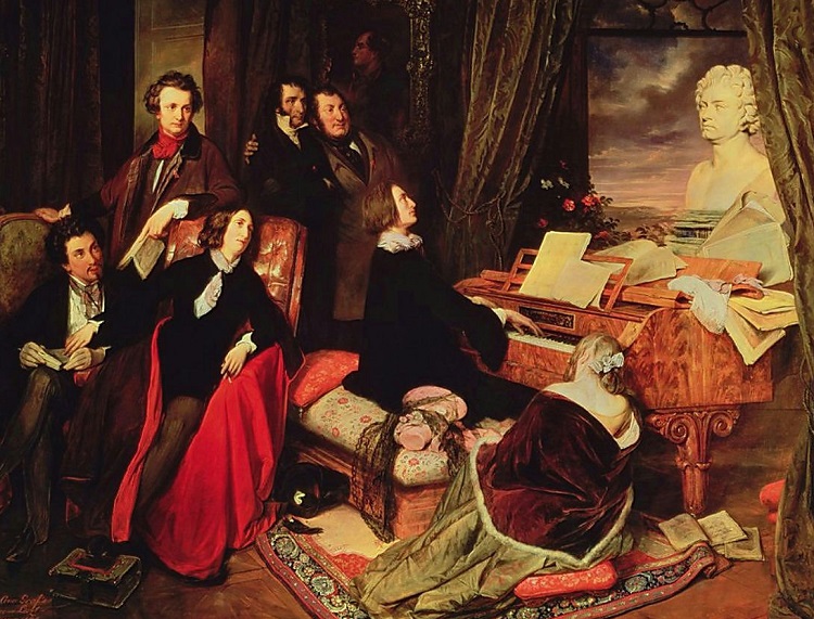 Idealizada velada musical, con Liszt, Rossini y Paganini, junto con Alexandre Dumas, Victor Hugo, la travestida George Sand y la amante de Liszt, Marie d'Agoult, bajo el busto de Beethoven y un retrato de Lord Byron, en un óleo de 1840 de Danhauser.