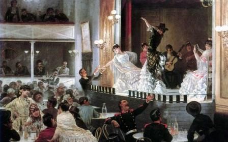 Baile flamenco [] de Josep Llovera y Bofill, muestra a artistas gitanos en un café cantante. 