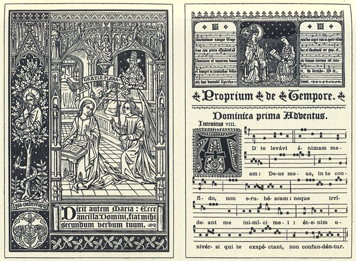 Páginas iniciales del Gradual gregoriano publicado por Dom Pothier, de la Abadía de Solesmes, en 1883.