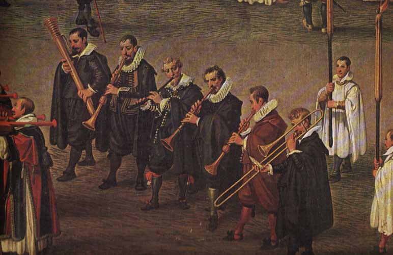 Detalle de Fiesta del Ommeganck [1616], de Denys van Alsloot. El fagot es el primer instrumento por la izquierda.