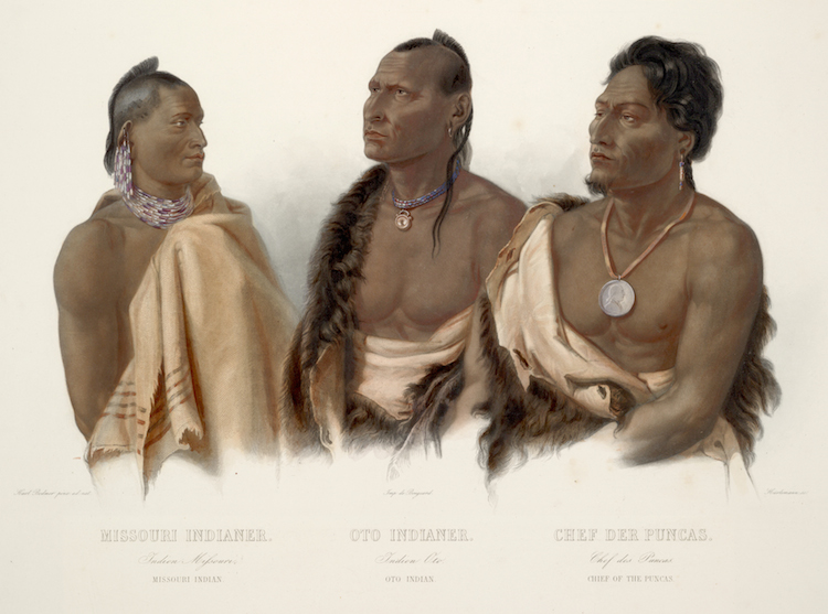 Litografía que representa indios Missouria, Otoe, y Ponca, por Karl Bodmer.