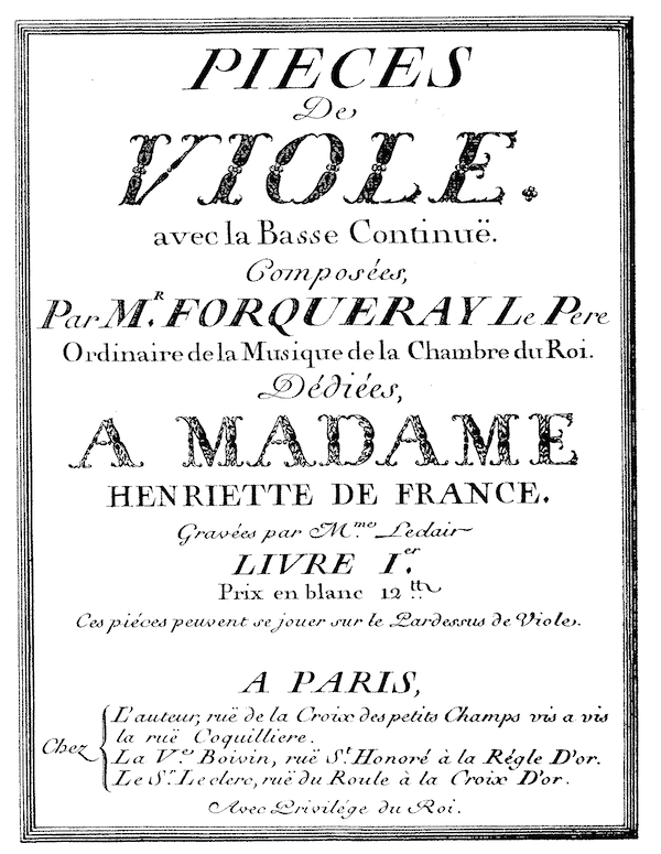 Frontispicio de las Piezas para viola y bajo continuo [1747] de Antoine Forqueray.