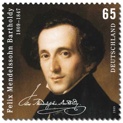 Felix Mendelssohn en un sello alemán de 2009.