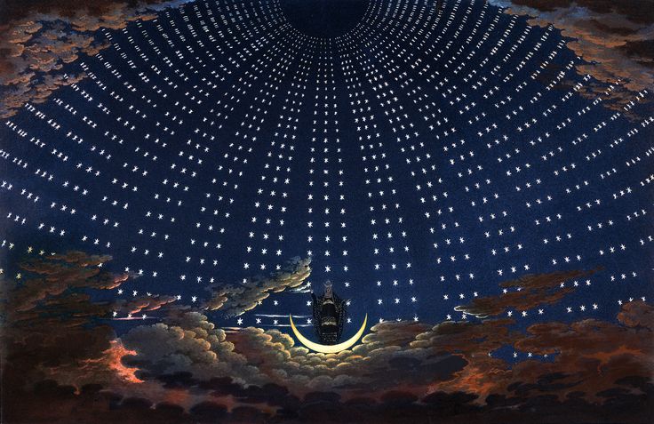 Representación de la Reina de la Noche en una célebre escenografía berlinesa de 1815.