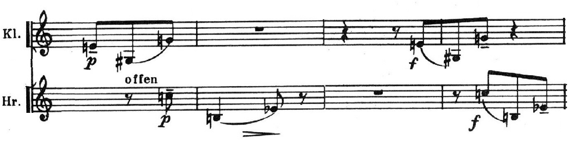 Motivo de clarinete y trompa del Tema B en la Recapitulación del Concierto op. 24 de Webern