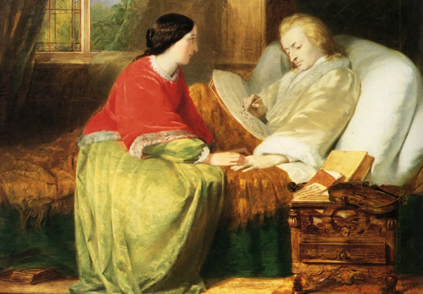 Imagen romántica de Mozart componiendo el Requiem en su lecho de muerte.