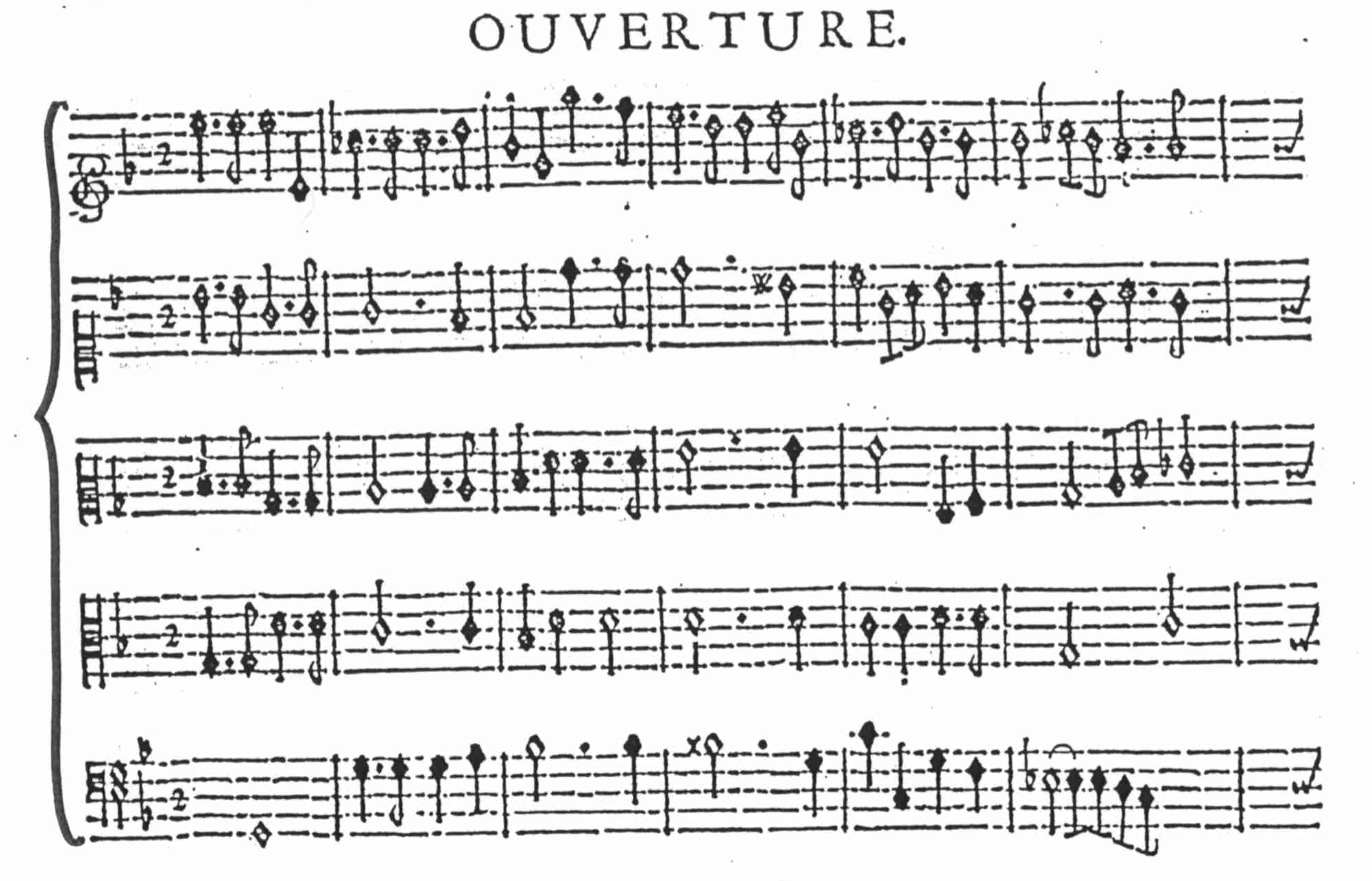 Inicio de la obertura de Atys, que muestra la escritura a cinco partes típica del estilo lullyano.
