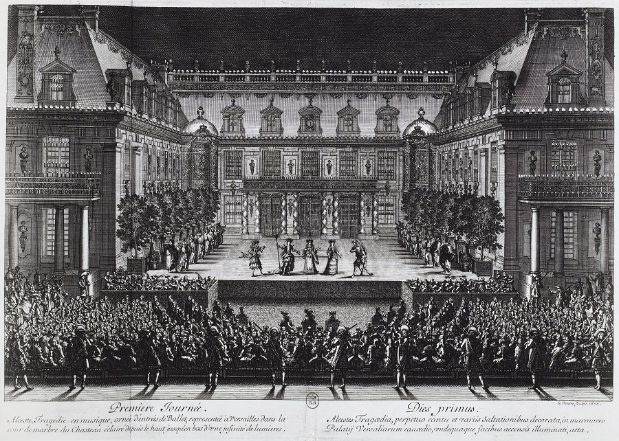 Representación de Alceste de Lully en un patio del Louvre en 1674.