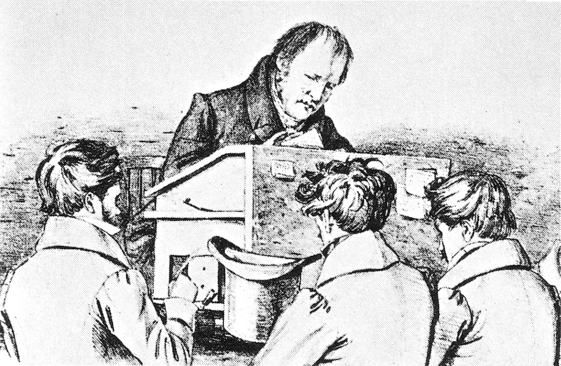Litografía que muestra a Hegel dando clases en la Universidad de Berlín.