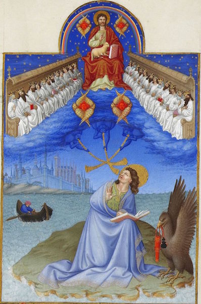 Visión de los 24 tronos de San Juan Evangelista en una iluminación del libro de horas Les Très Riches Heures du Duc de Berry (s.XV).