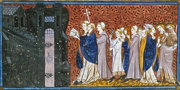 Procesión con canto, miniatura de las Crónicas de Francia o de San Denis, Paris (s.XIV).
