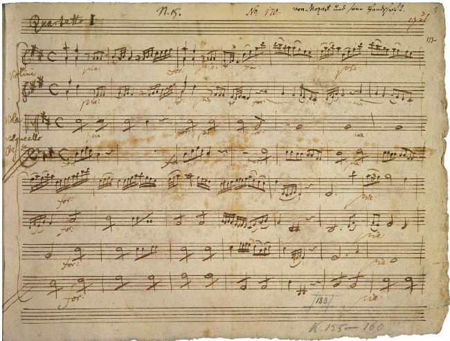 Primera página del manuscrito original de los cuartetos de cuerda milaneses de W. A. Mozart.