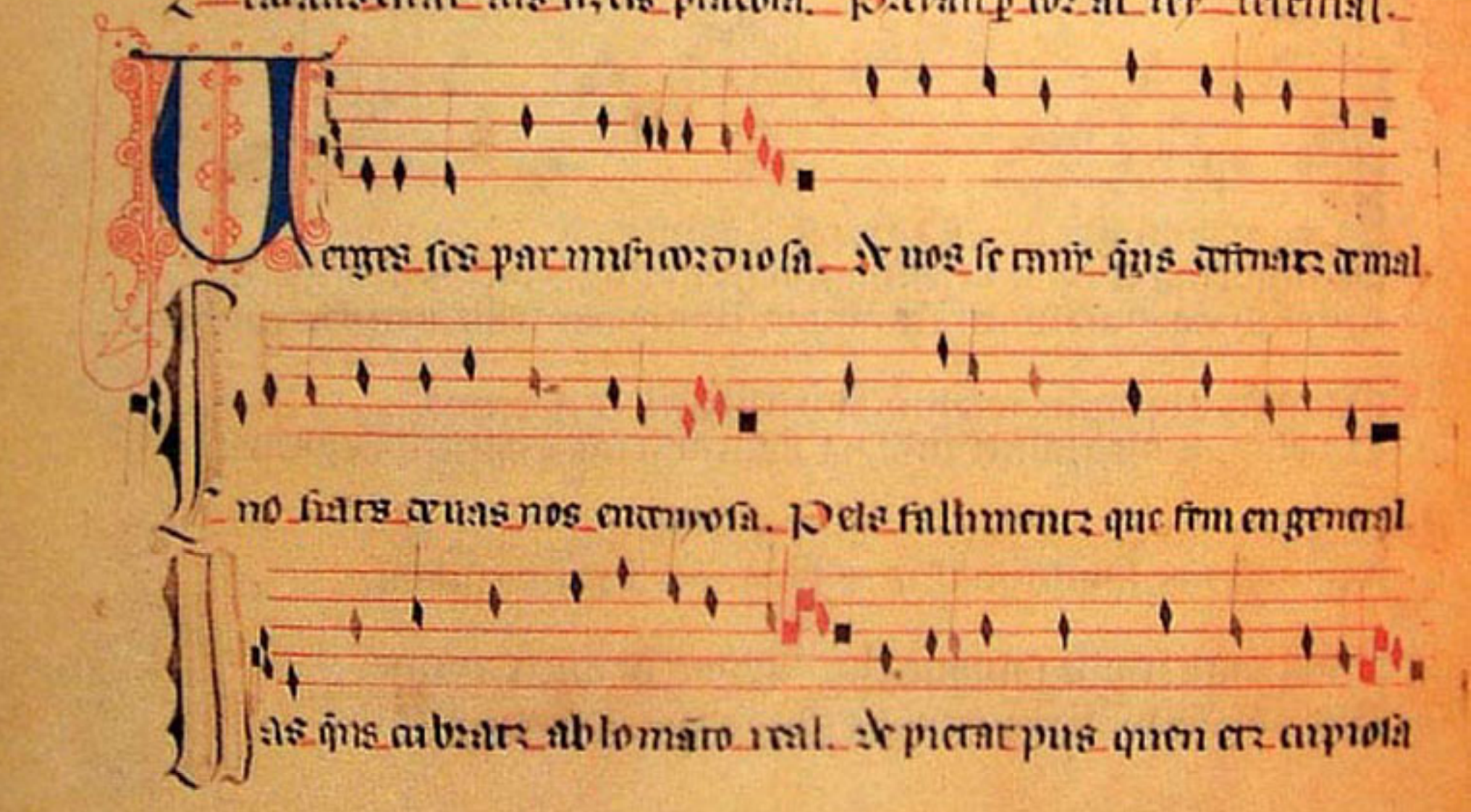 Llibre Vermell, fragmento del tenor de «Imperayritz de la ciutat joyosa» (f.25v)